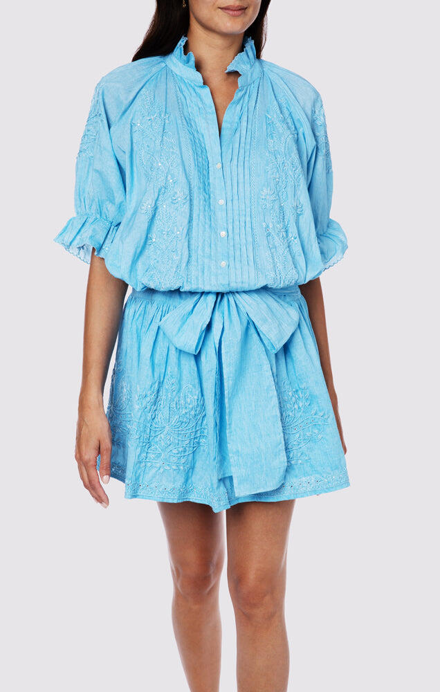 Load image into Gallery viewer, Blouson Dress With Tonal Lotus Embroidery Blue Acid Wash
