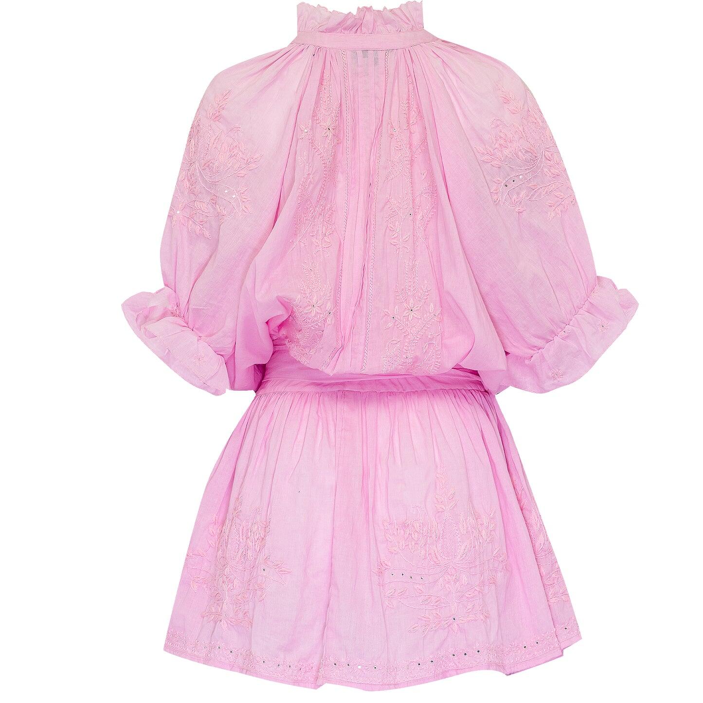 Blouson Dress With Tonal Lotus Embroidery Sugar Almond Acid Wash