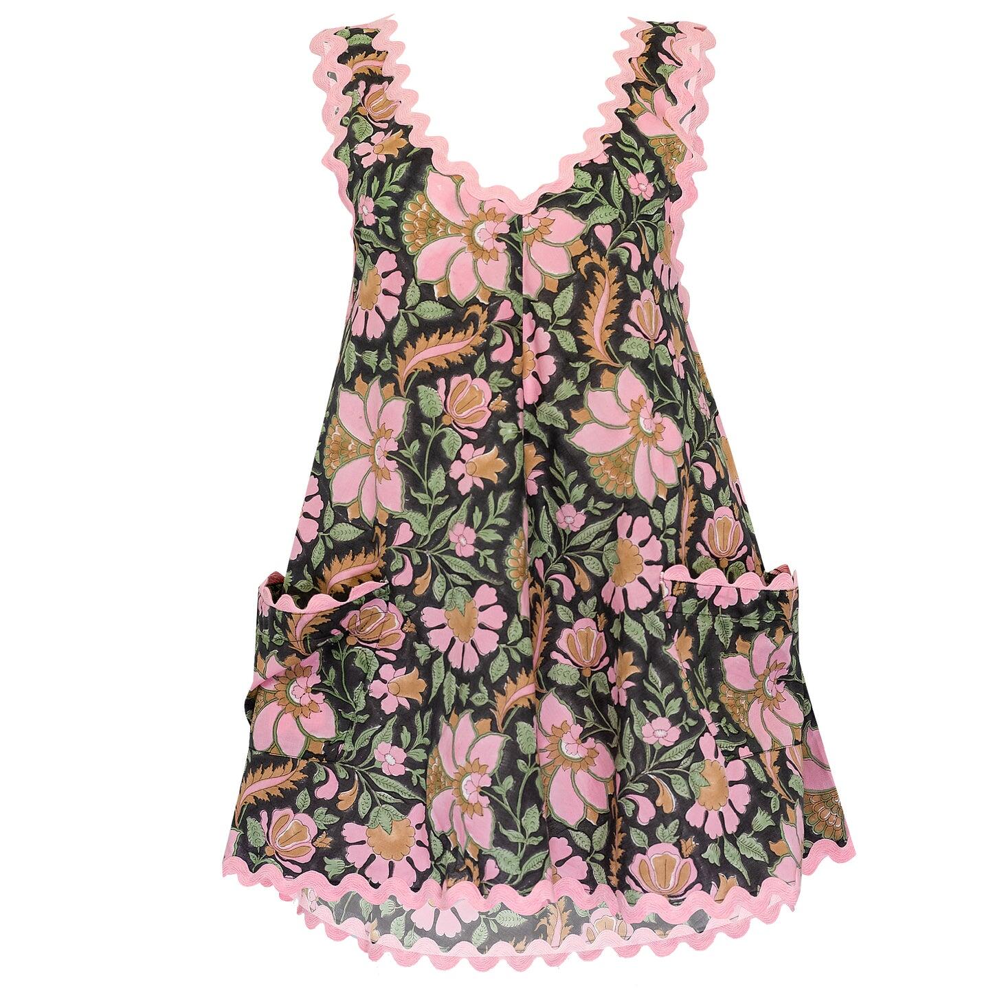 Floral Block Print Low Back Dress with Ric Rac Black Multi - O/S - Dress