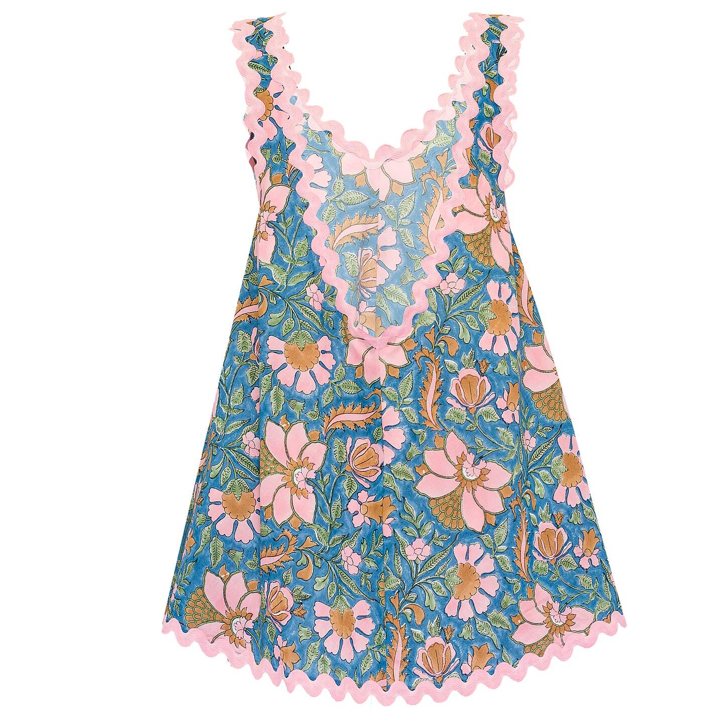 Floral Block Print Low Back Dress with Ric Rac Blue Multi - O/S - Dress