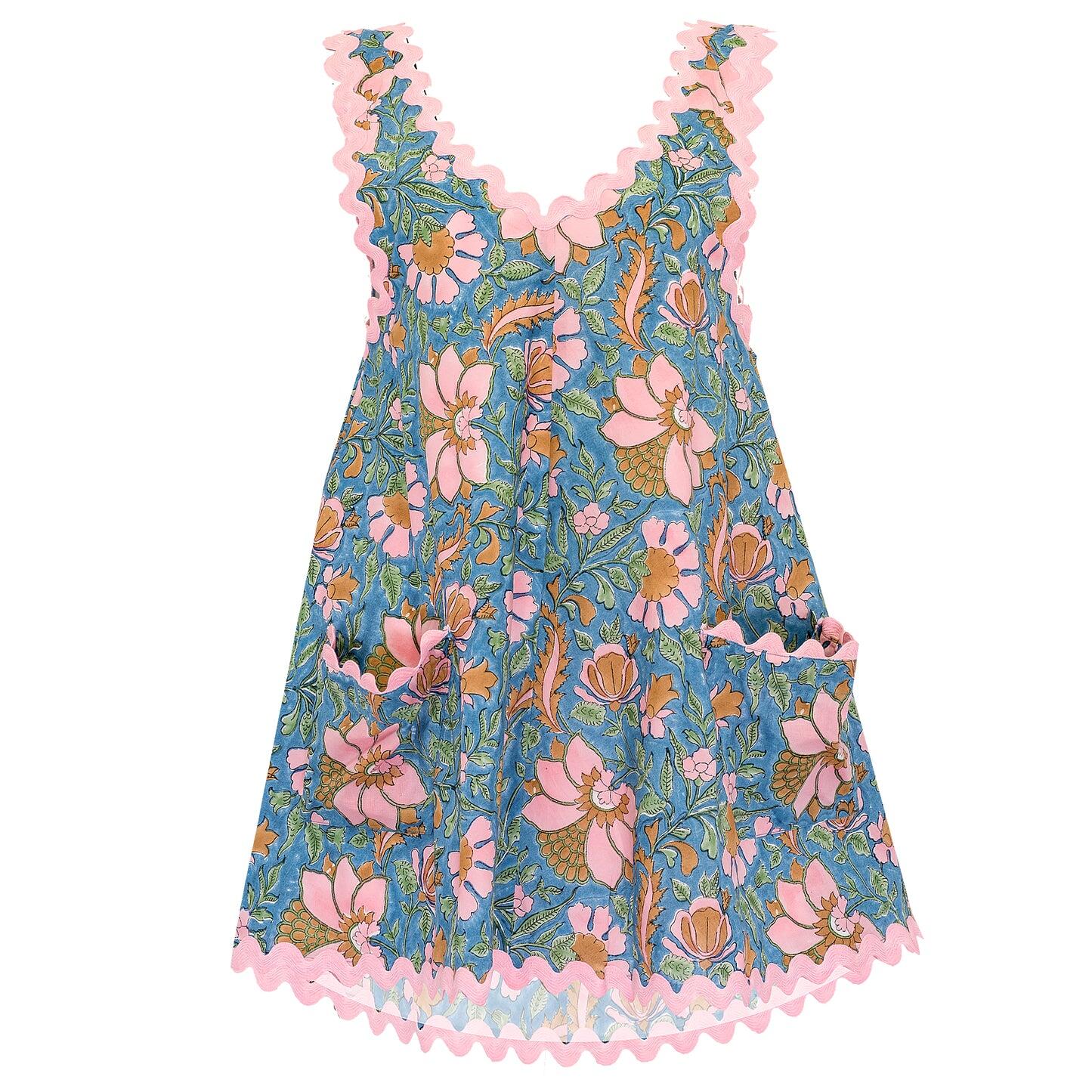 Floral Block Print Low Back Dress with Ric Rac Blue Multi - O/S - Dress