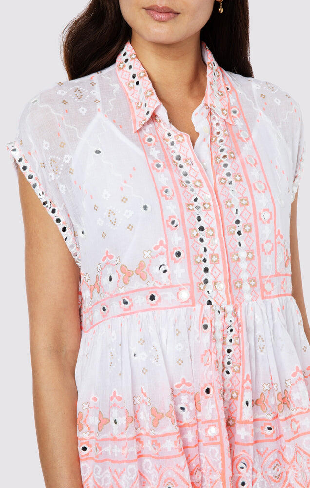 Poncho Shirt Dress: Mosaic Print with Gold & White Embroidery