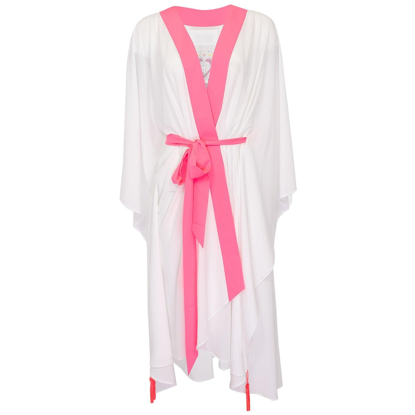 White Long Kimono Skull In Neon Pink - Kaftan