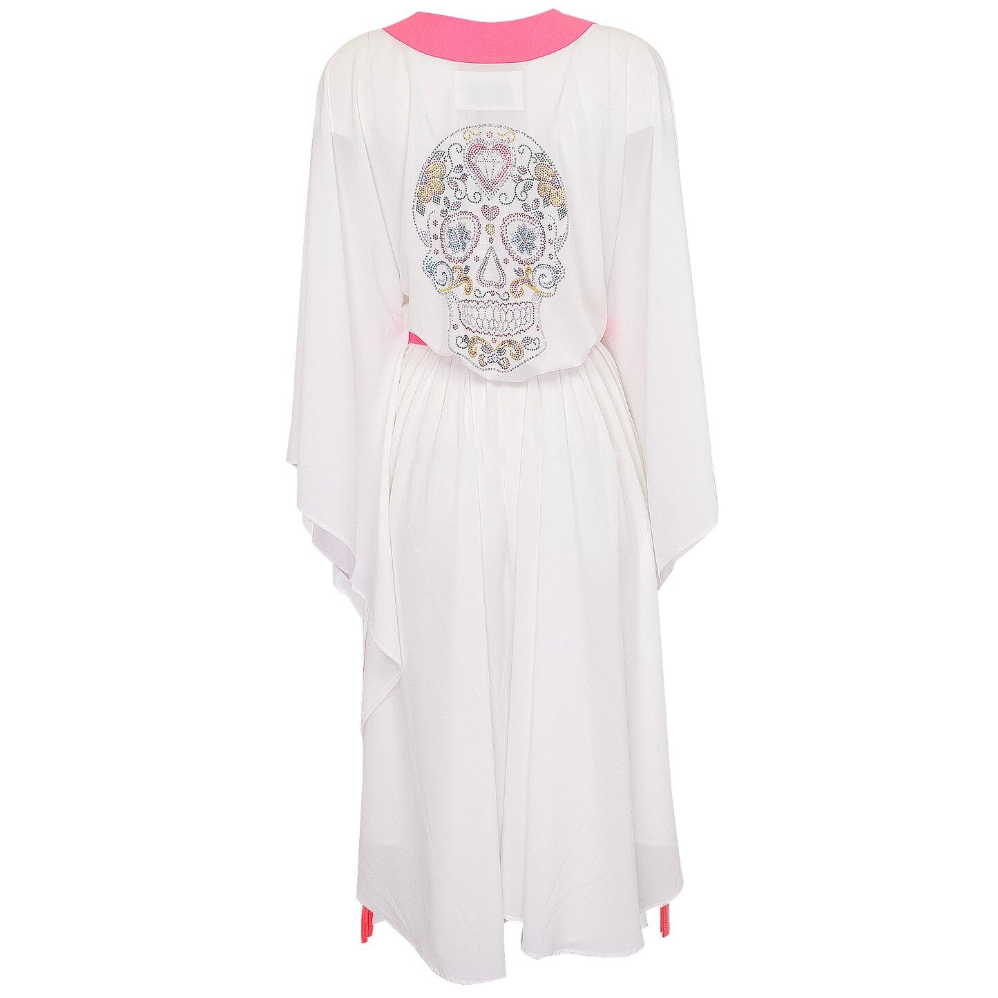 White Long Kimono Skull In Neon Pink - Kaftan
