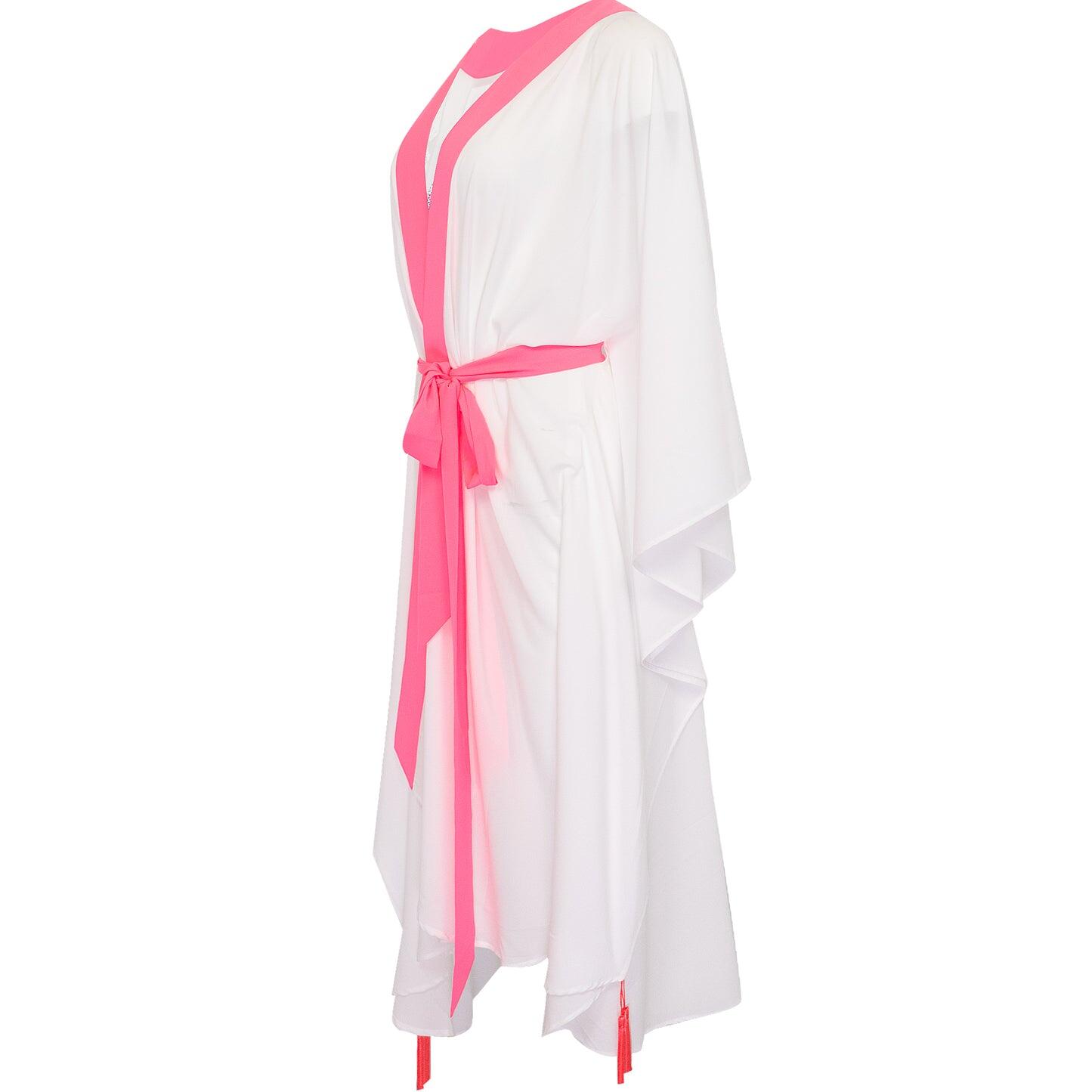 White Long Kimono Skull In Neon Pink - Kaftan