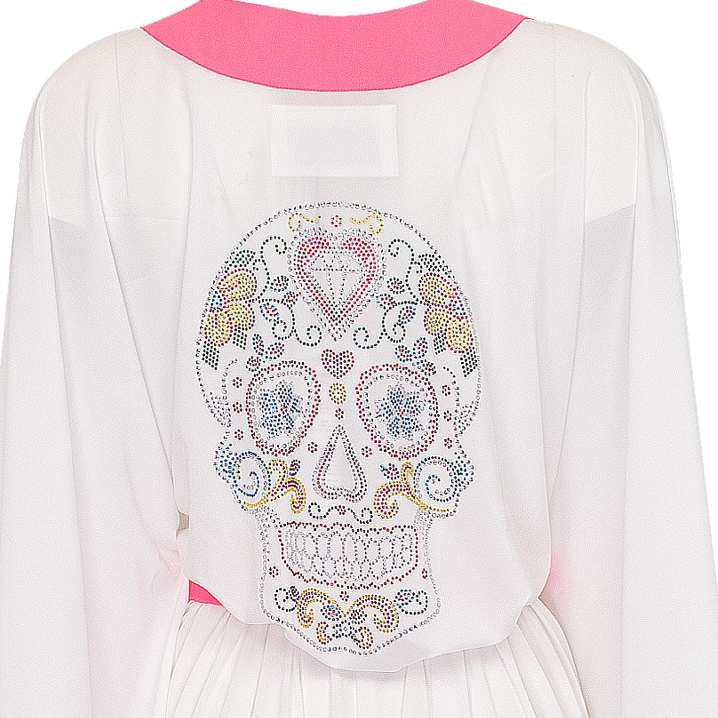 White Long Kimono Skull In Neon Pink - Kaftan