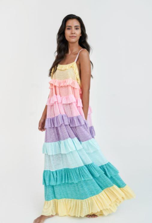 Load image into Gallery viewer, Rainbow Ruffle Tiered Dress Pastels
