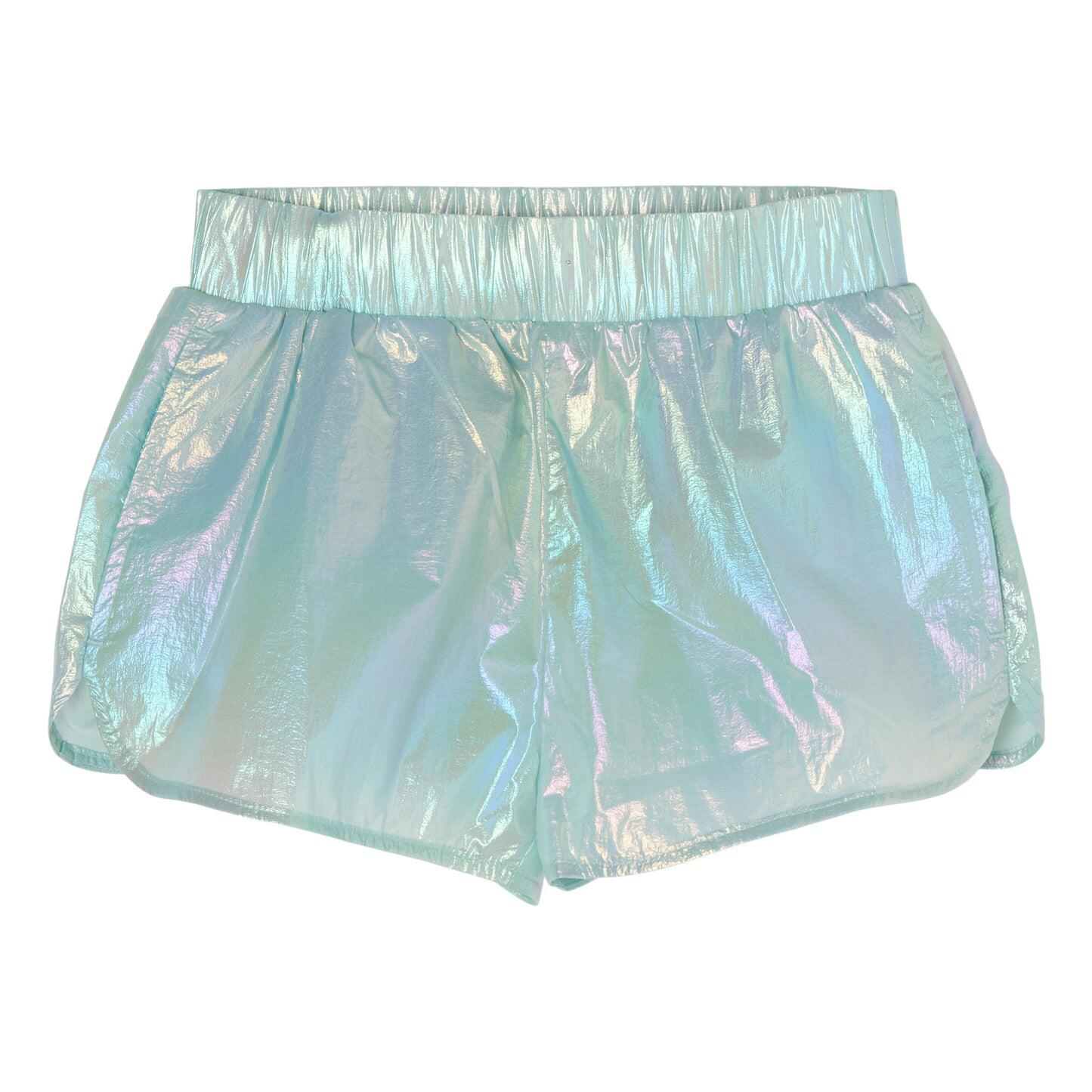 Load image into Gallery viewer, Girls Metallic Shorts in Aqua Blue | Holographic Shorts for Kids
