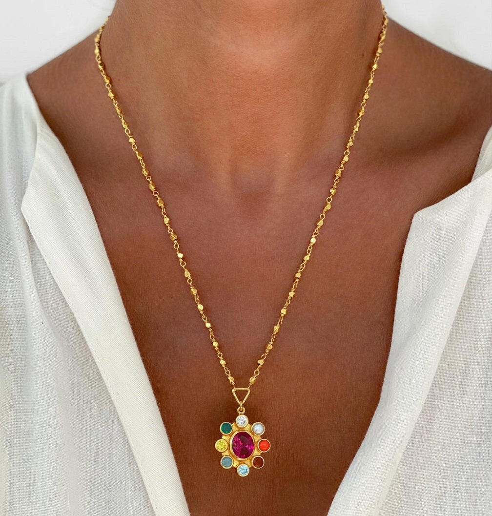 Woman wearing Multicolor Flower Necklace by Sara Lashay