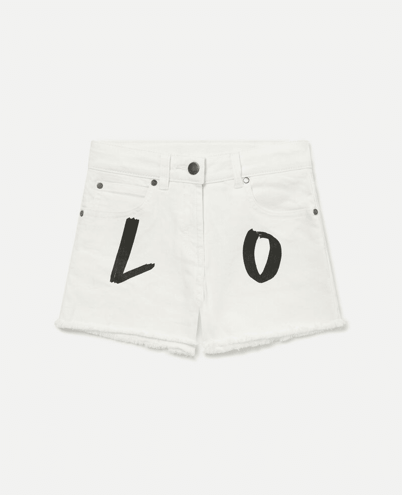 Kids White Denim Shorts with LOVE Print