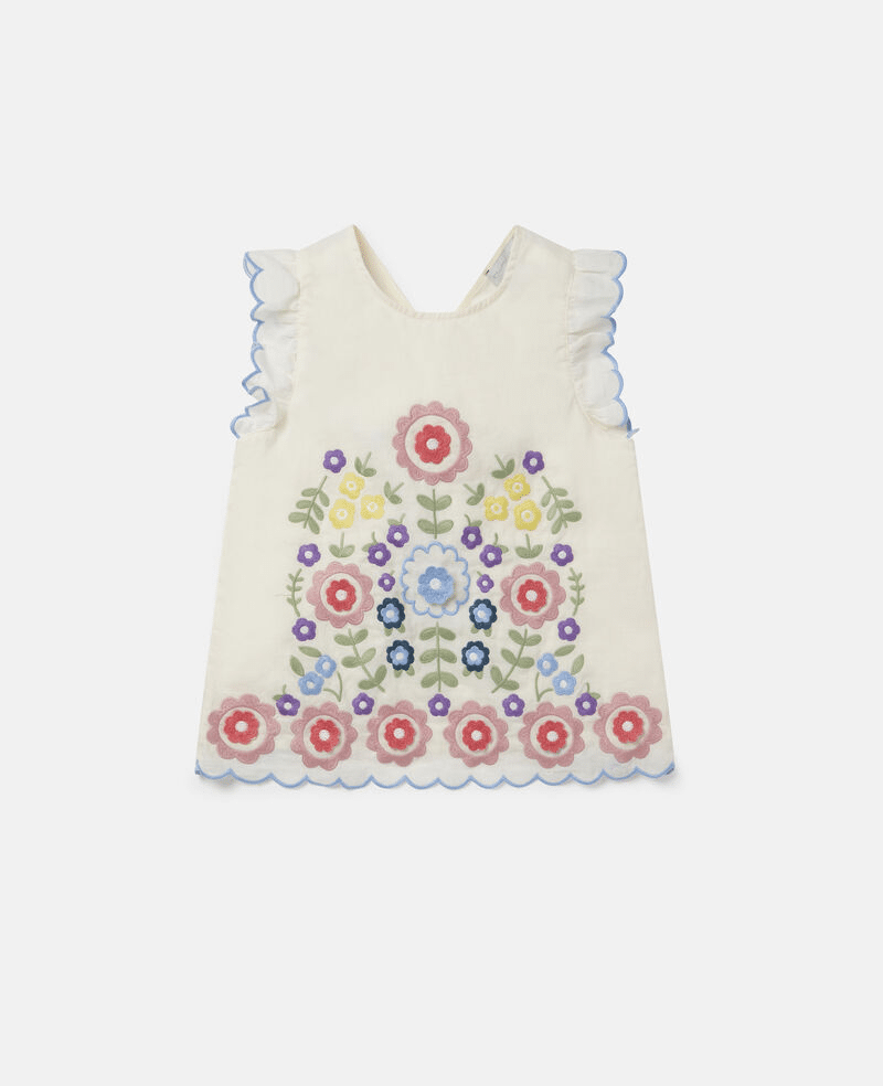 Girls White Sleeveless Top with Flower Embroidery