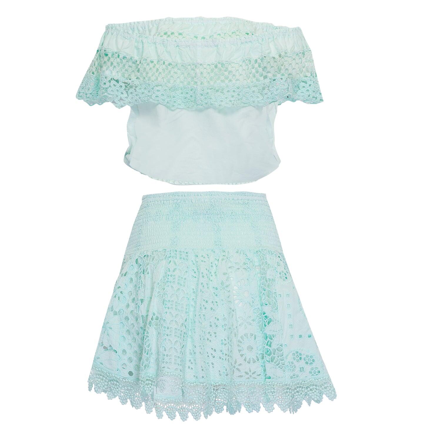 Linen top and skirt set with eyelet detail