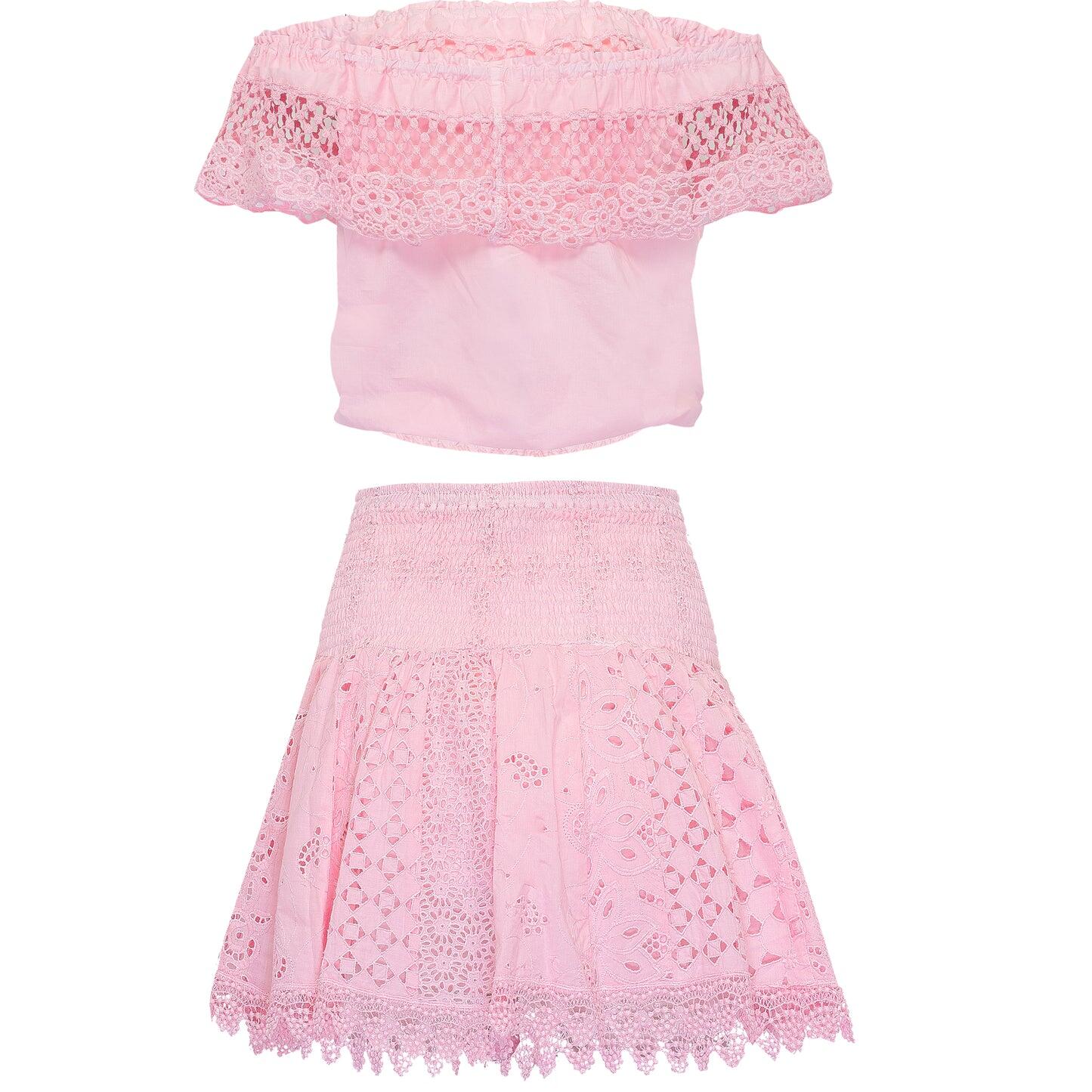 Ruffle skirt and top set in pink colour