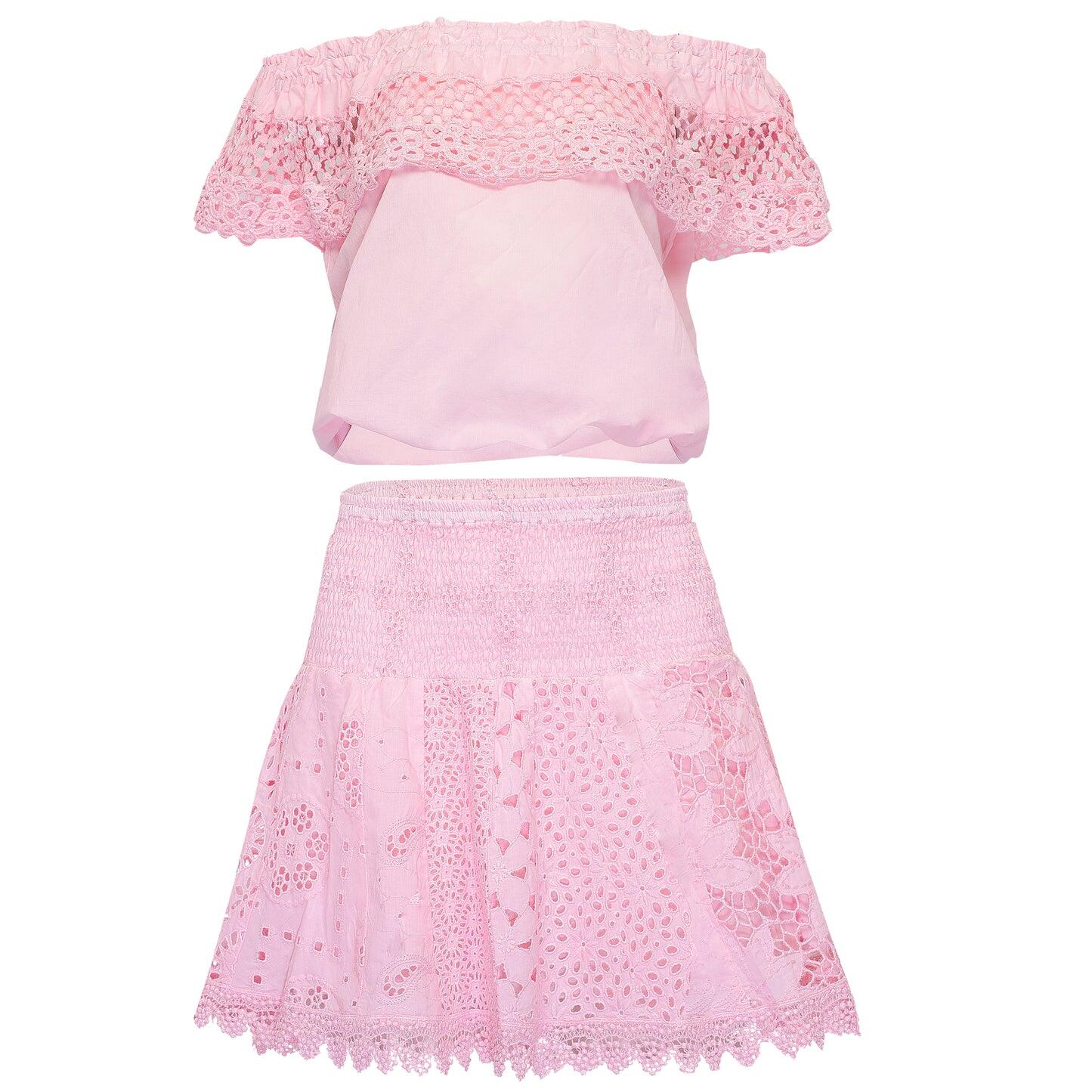 Handmade off shoulder pink top and skirt set 