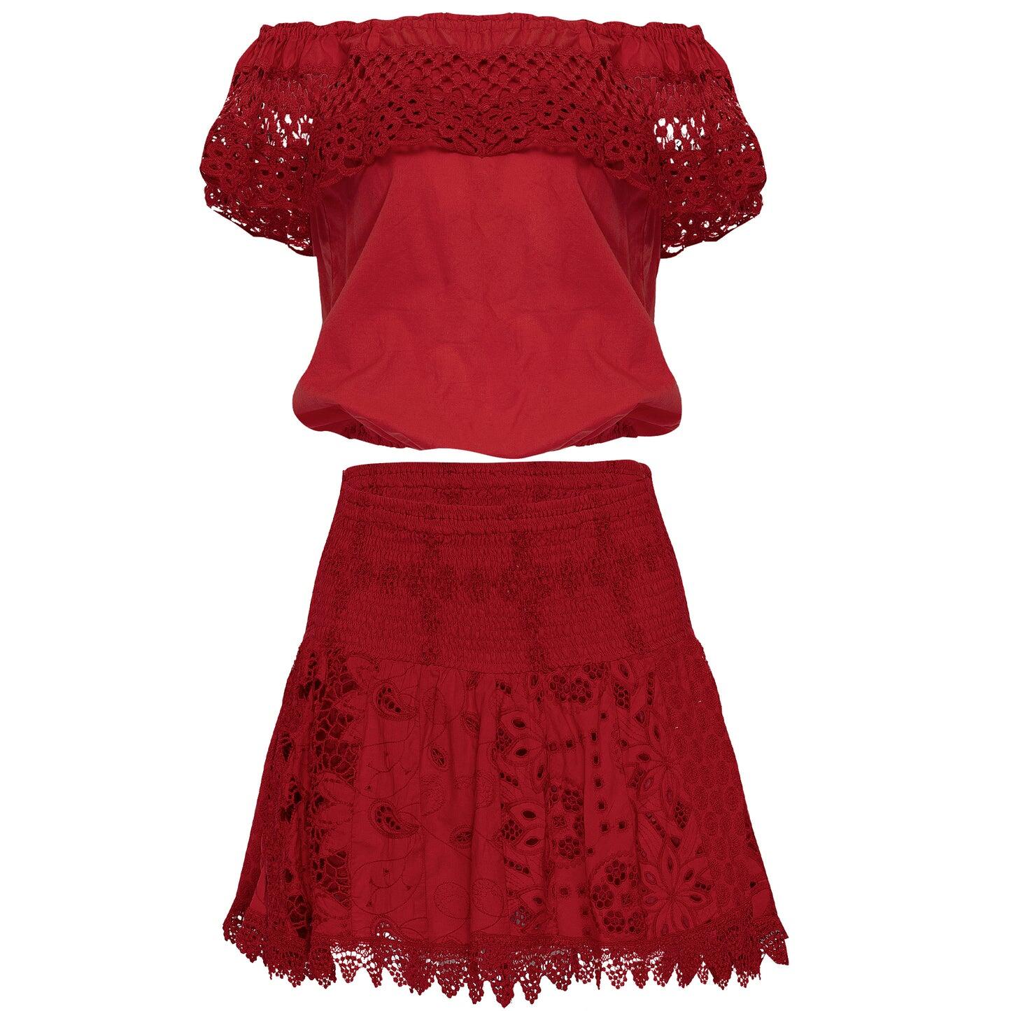 Off the shoulder top and skirt in red colour