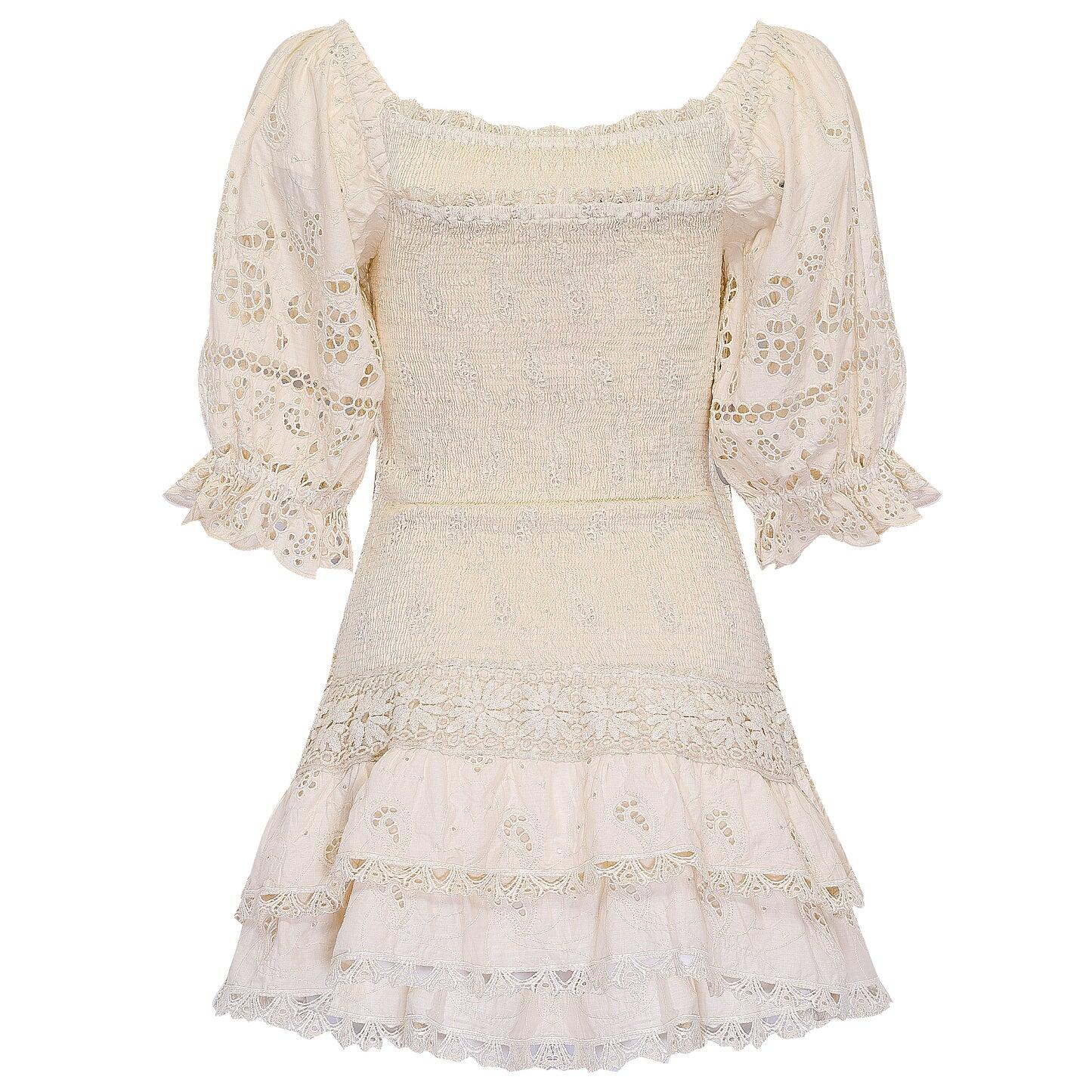 Cream long sleeve mini dress with eyelet details