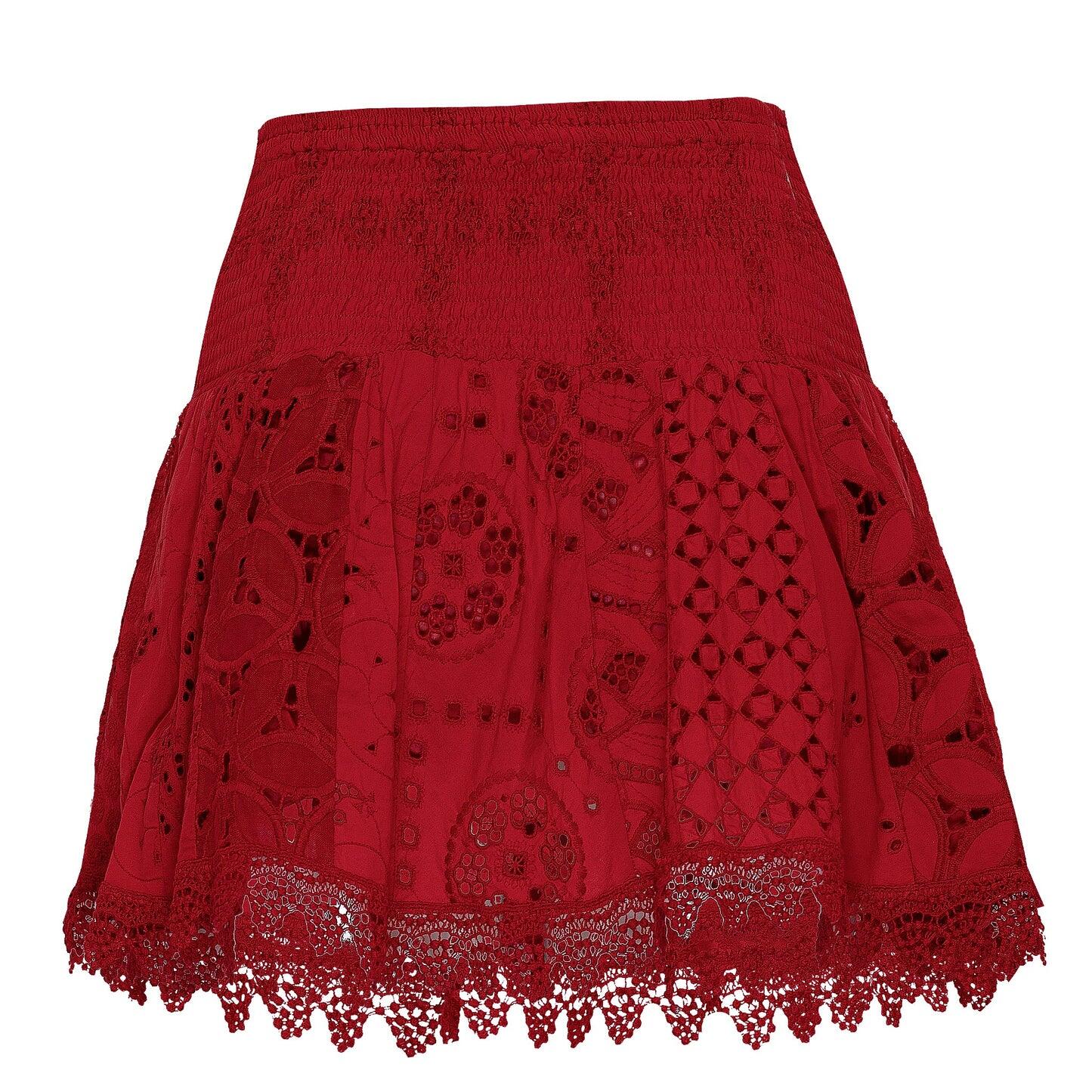 Red skirt with eyelet and lace details