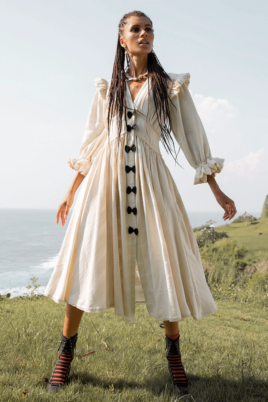 Jacobella Bow Midi Plain Dress Natural - Dress