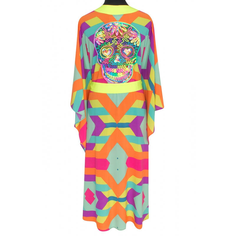 Tribal Colorful Mayan Long Kimono Skull In Neon Yellow - Kimono