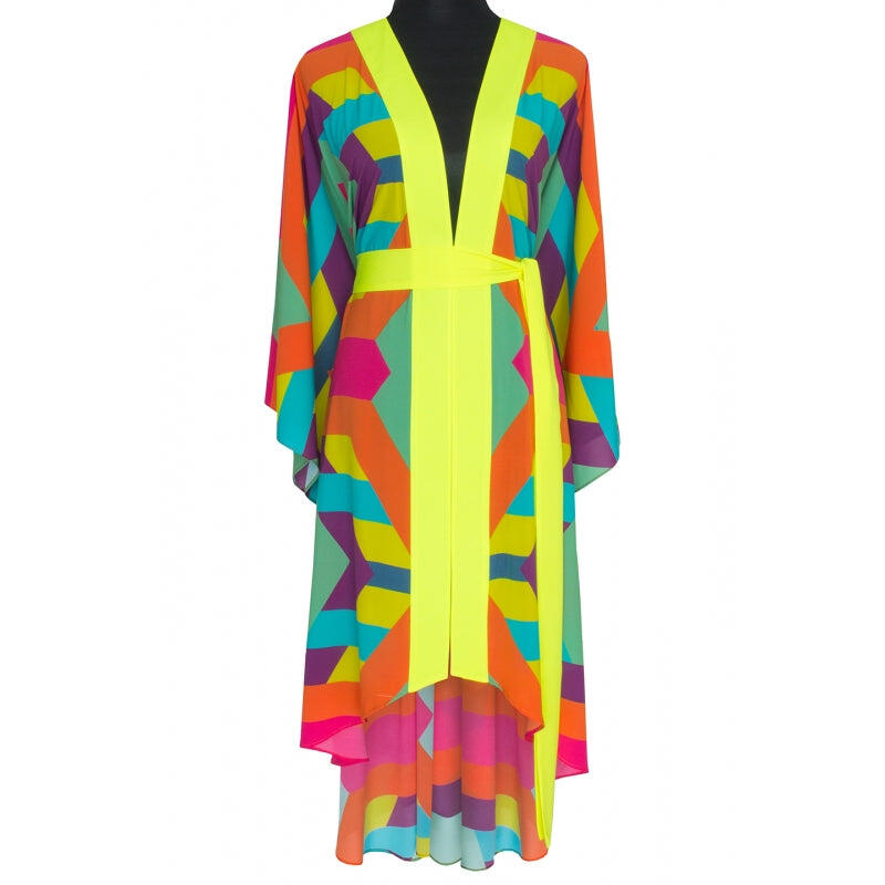 Tribal Colorful Mayan Long Kimono Skull In Neon Yellow - Kimono