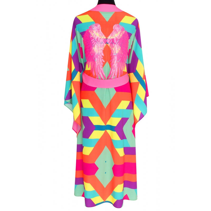 Tribal Colorful Mayan Long Kimono Wings In Neon Pink - Kimono