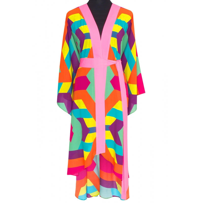 Tribal Colorful Mayan Long Kimono Wings In Neon Pink - Kimono