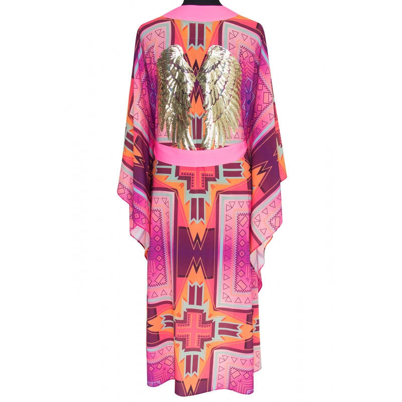Pink Long Kimono Gold Wings - Kimono