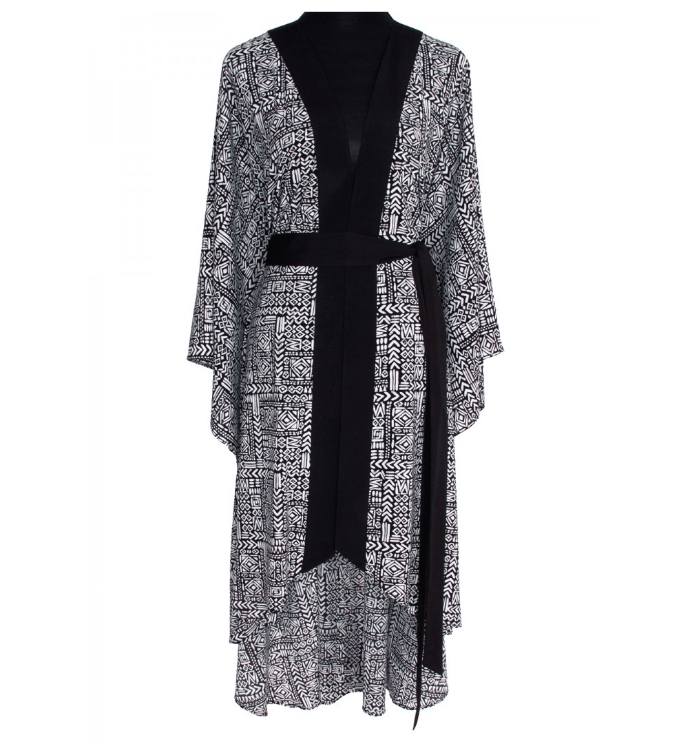 Tribal Black Mayan Long Kimono Silver Wings - Kimono