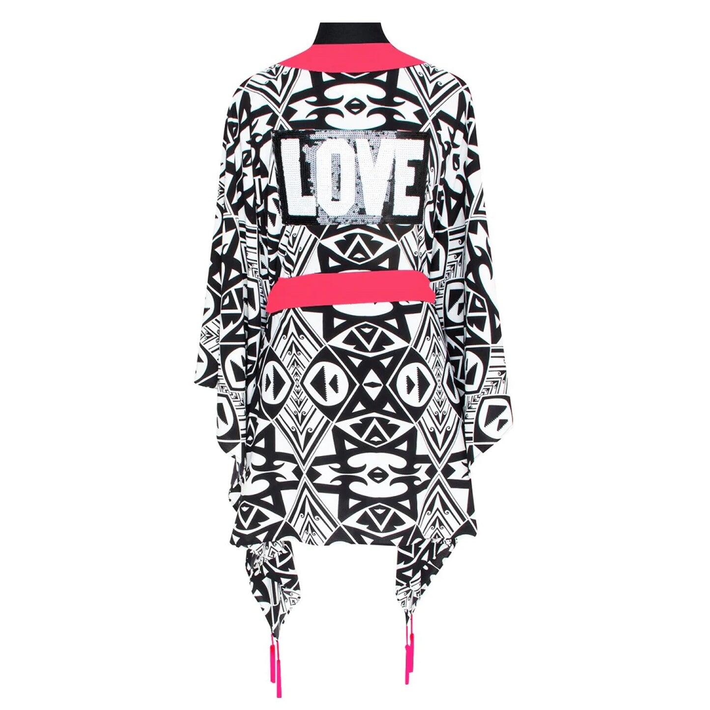 Tulum Tribal Kimono Love Neon Coral Short - Kimono