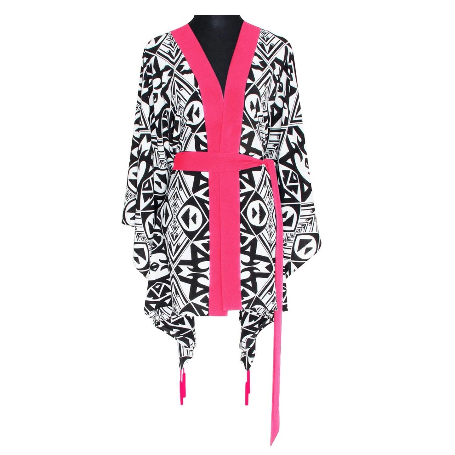 Tulum Tribal Kimono Love Neon Coral Short - Kimono